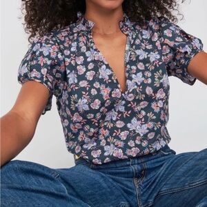 Nation Rosanna Blouse Ruffle Midsummer Floral blue Short Puff Sleeve Top XS